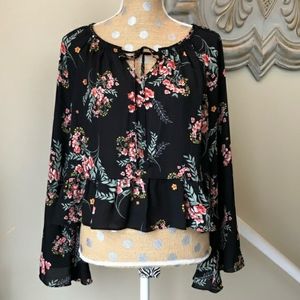 Copper Key Floral Black Peasant Top
